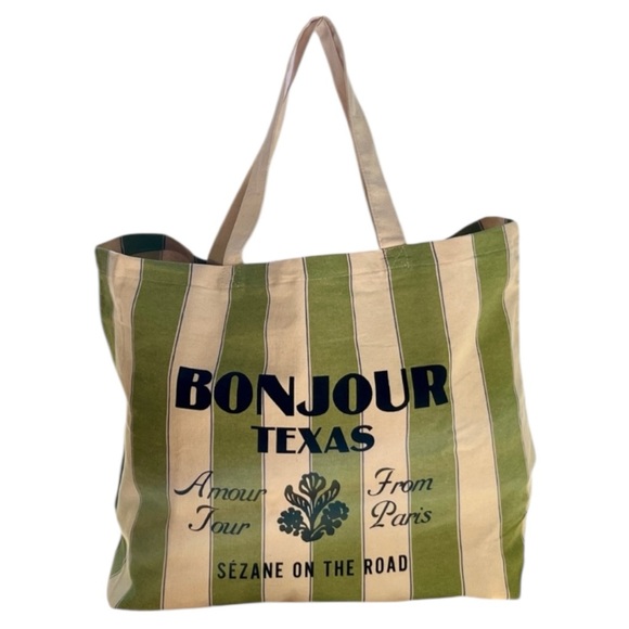 NWOT - Sézane Bonjour Texas Canvas Tote Bag Green Stripes - Picture 10 of 13
